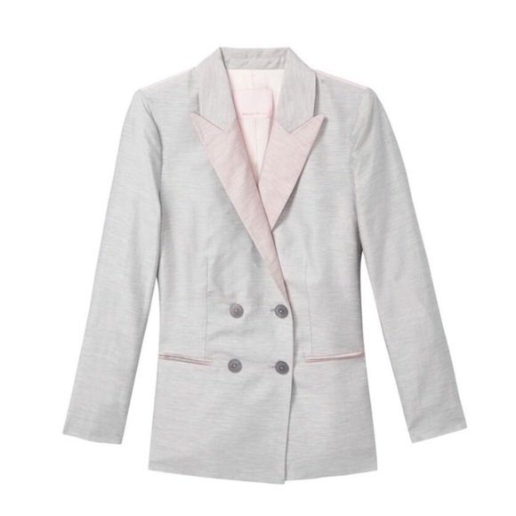 Rebecca Taylor Slub Linen Blend Gray and Pink Double Breasted Blazer Size 10 - Picture 8 of 16